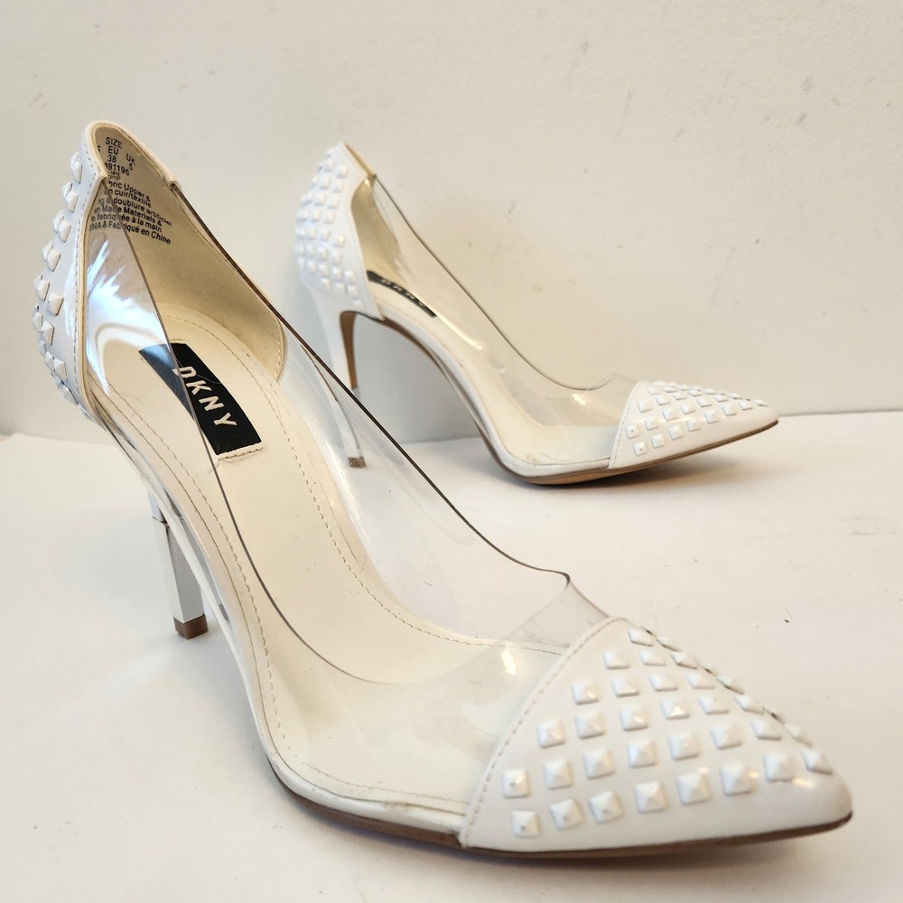 DKNY Resh White Studded Clear PVC Pointed Toe Pumps Stiletto Punk Heels Sz 7.5